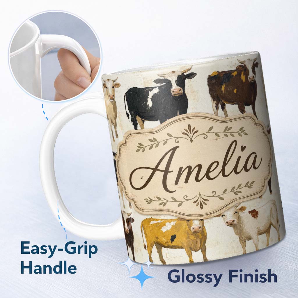 Personalized Custom Name Classic Cow Herd Farm Animal Illustration Seamless Pattern Lovely 11oz Ceramic Coffee Tea Mug White Large Handle
