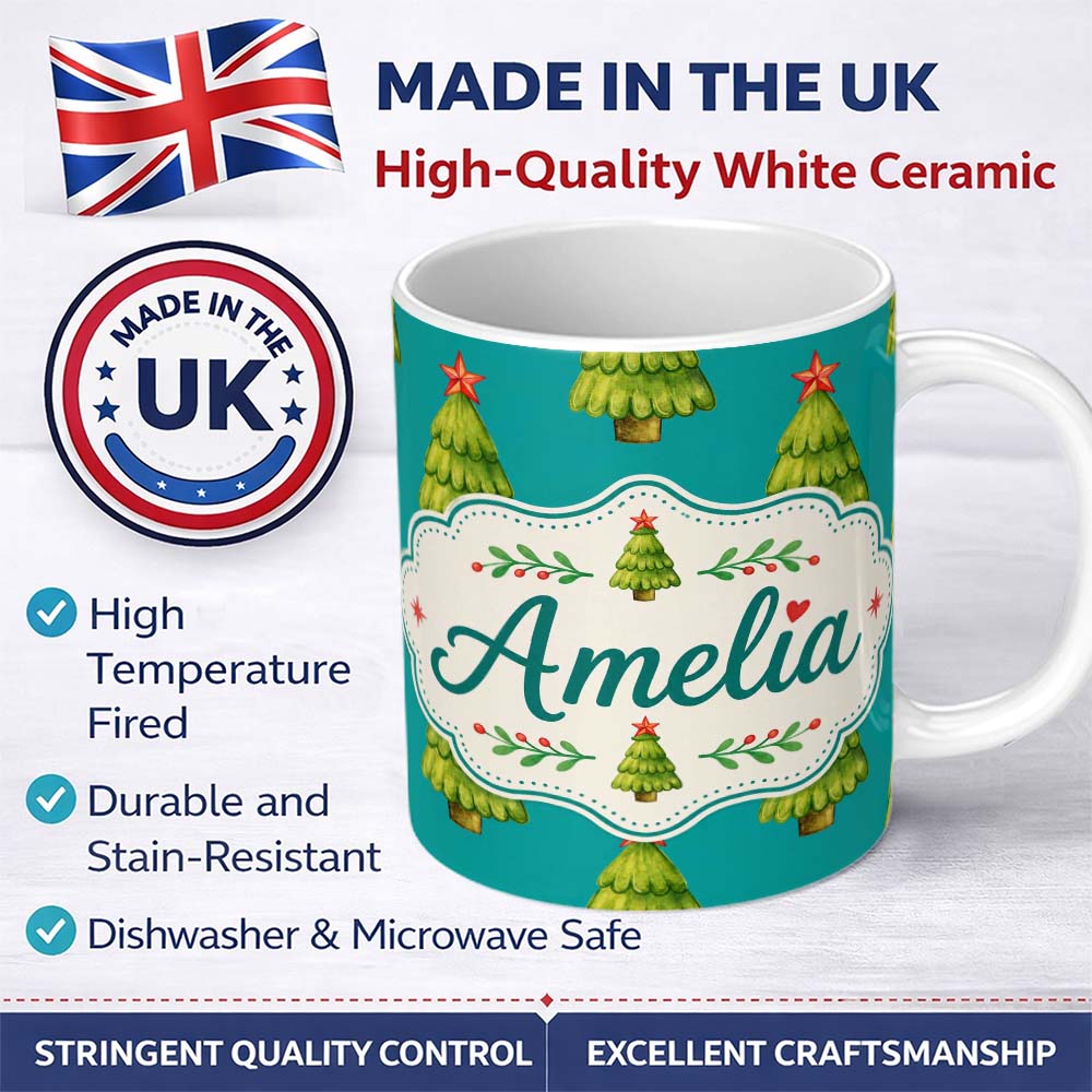 Personalized Custom Name Watercolor Christmas Trees on Teal Background with Red Stars Lovely 11oz Ceramic Coffee Tea Mug White Large Handle