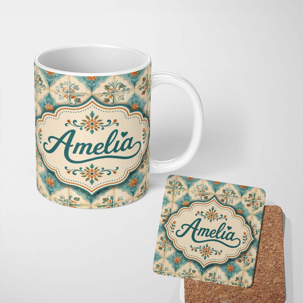 Personalized Custom Name Soft Aqua Blue Vintage Tile Pattern with Orange Floral Centres 11oz Ceramic Coffee Tea Mug White Large Handle