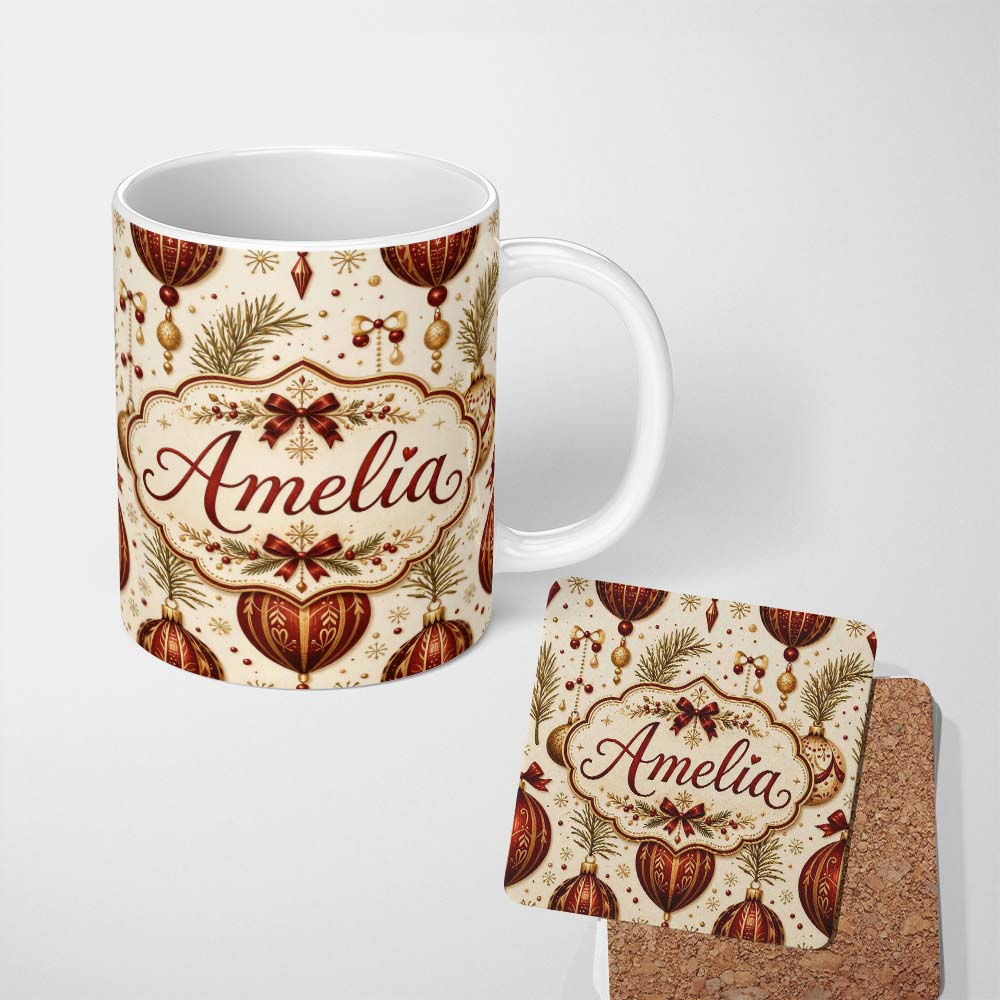 Personalized Custom Name Vintage Christmas Bells Holly Leaves Pine Branches and Festive 11oz Ceramic Coffee Tea Mug White Large Handle