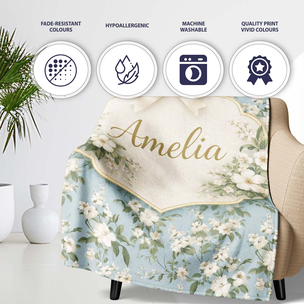 Light Blue Ditsy Floral Small Blossom Repeat Cute Unique Gift Lovely Personalised Custom Name Super Soft Fleece Blanket Bed Sofa Throw