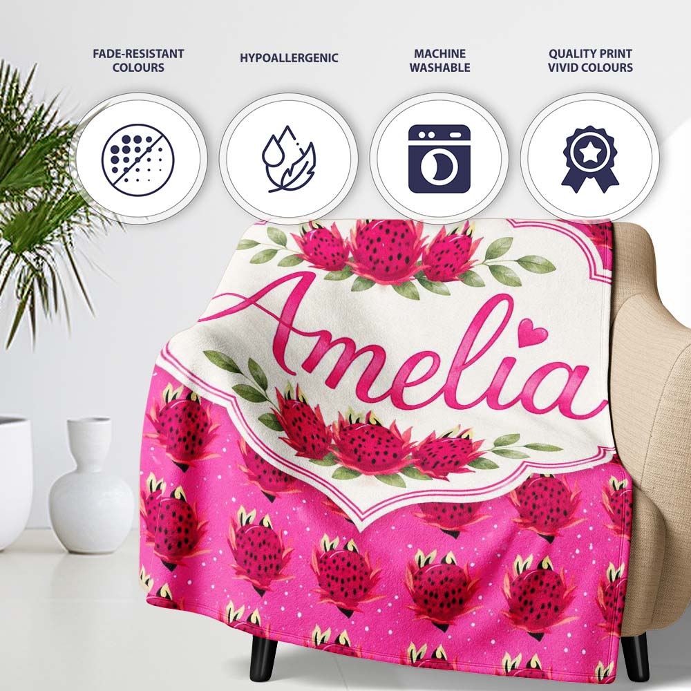 Small Dragon Fruit Repeat Pattern on Pink Background Lovely  Personalised Custom Name Super Soft Fleece Blanket Bed Sofa Throw