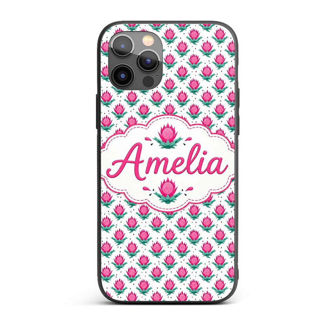 Stylised Pink Floral Bud Pattern Printed Design Custom Name Protective Phone Case Mobile Cover Durable Everyday Smartphone Shock Resistant