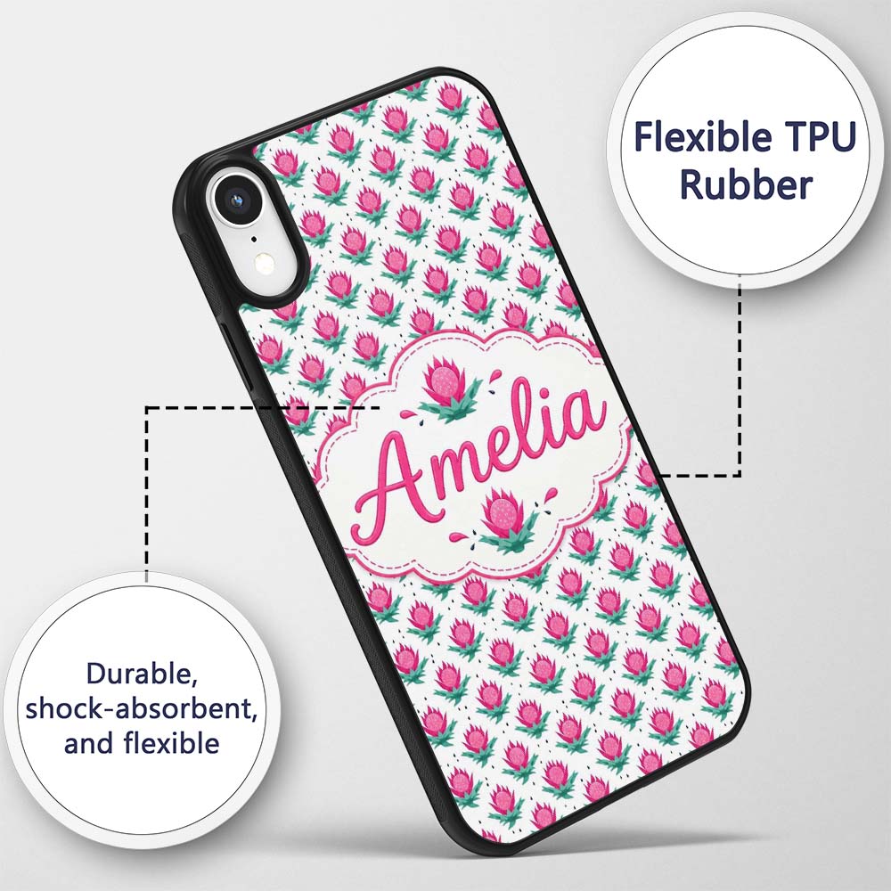 Stylised Pink Floral Bud Pattern Printed Design Custom Name Protective Phone Case Mobile Cover Durable Everyday Smartphone Shock Resistant