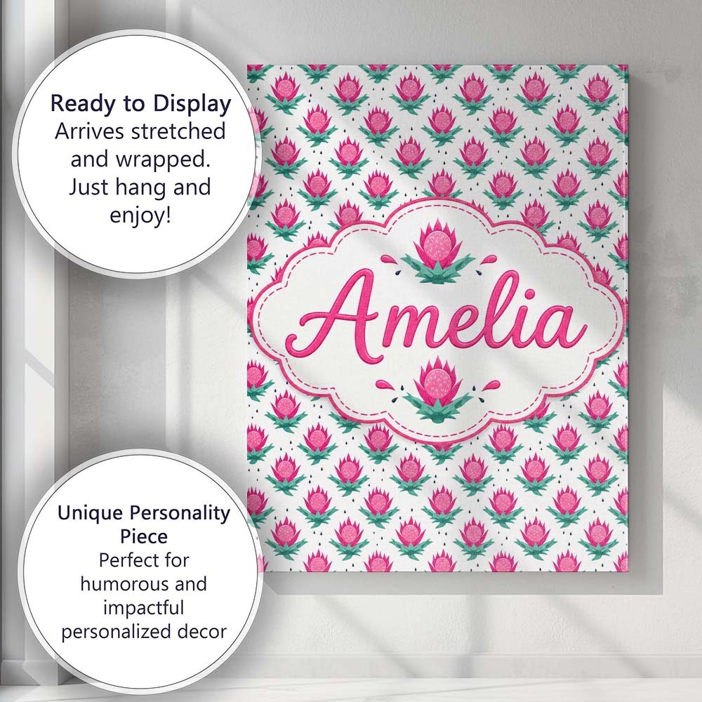 Personalised Name Stylised Pink Floral Bud Custom  Unique Gift Idea Elegant Feature Canvas Wall Art Print Decor Picture Ready to Hang