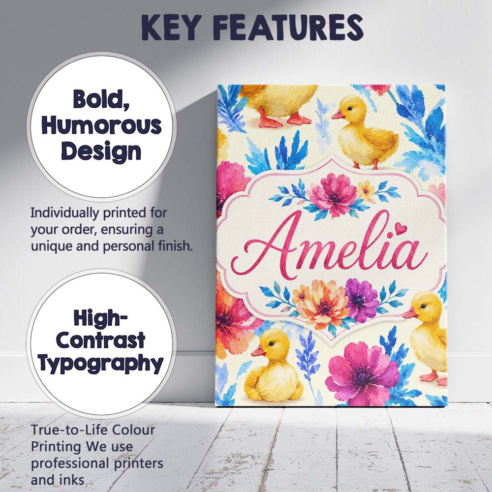 Personalised Name Watercolour Ducklings Custom  Modern Room Accent Elegant Feature Canvas Wall Art Print Decor Picture Ready to Hang