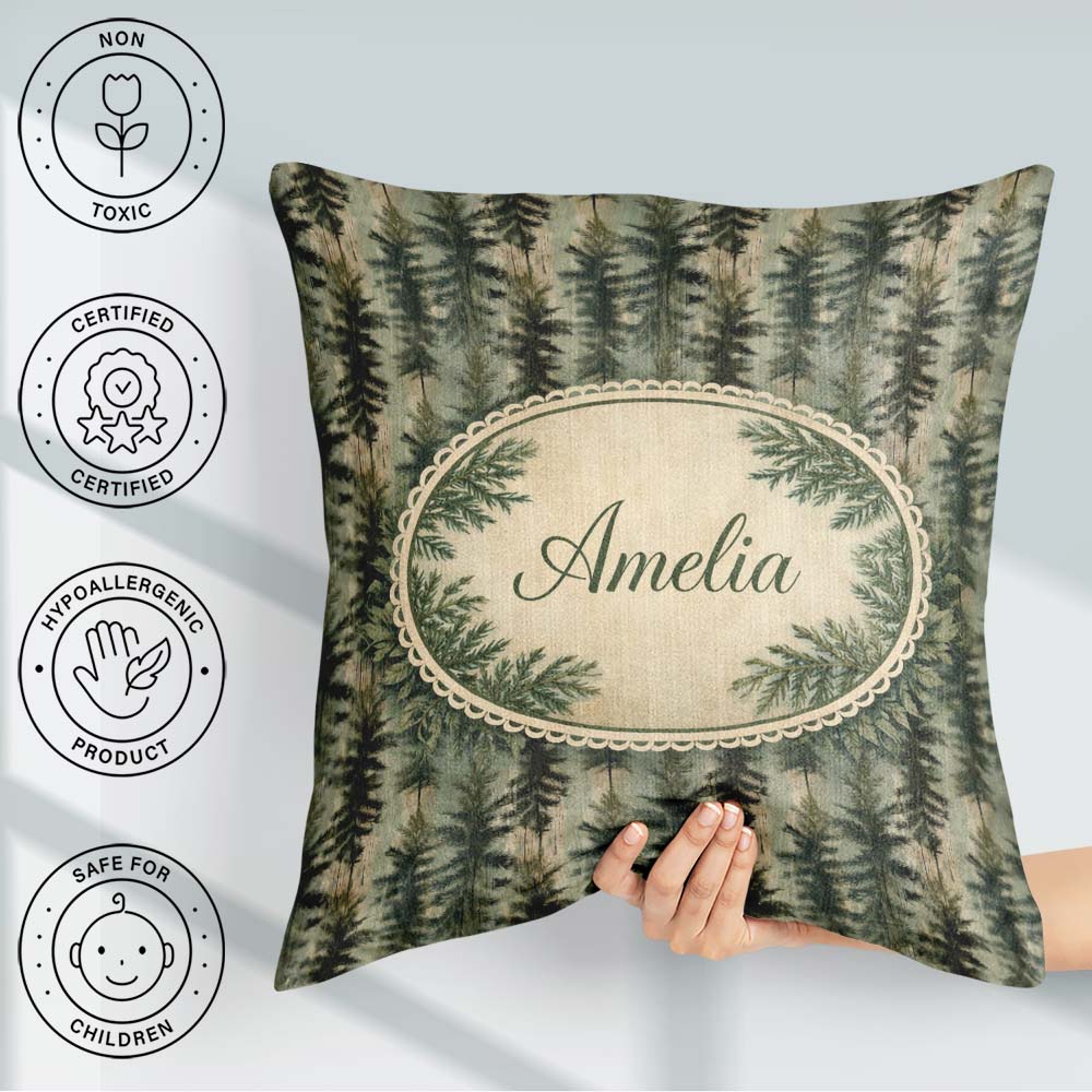 Custom Name Pine Tree Pattern in Muted Green Tones on Background Square Filled Cushion Throw Pillow Sofa Bed Home Decor Zip Washable UK Made