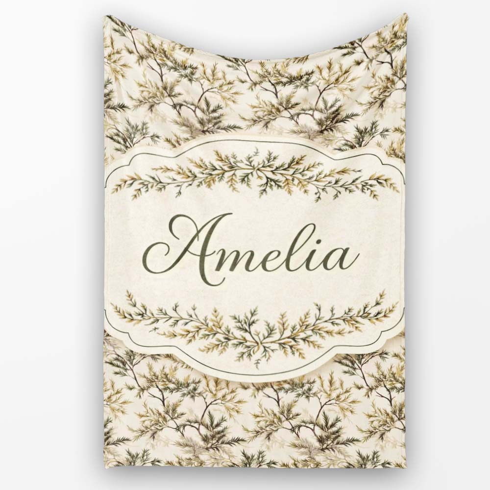 Pine Branch Pattern on Beige Background with Botanical Detail Lovely  Personalised Custom Name Super Soft Fleece Blanket Bed Sofa Throw