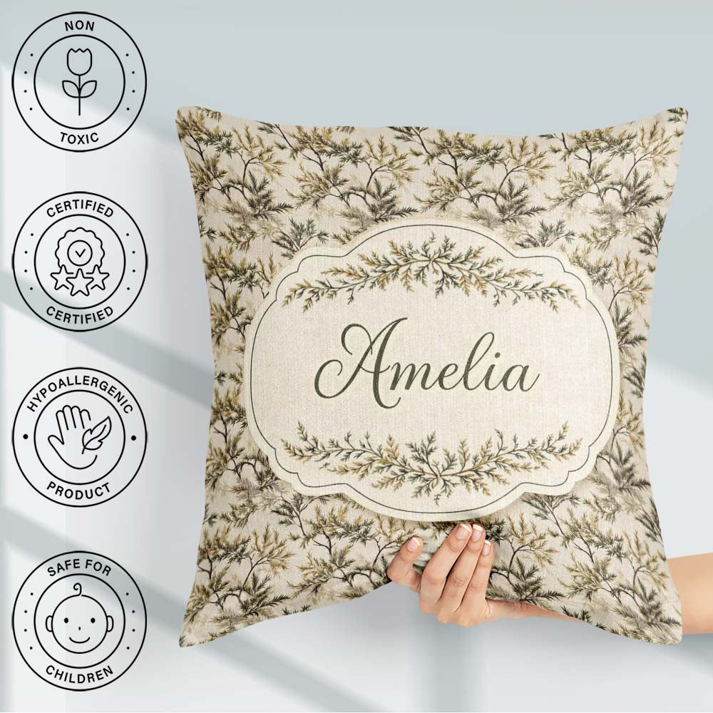 Custom Name Pine Branch Pattern on Beige Background with Detail Square Filled Cushion Throw Pillow Sofa Bed Home Decor Zip Washable UK Made