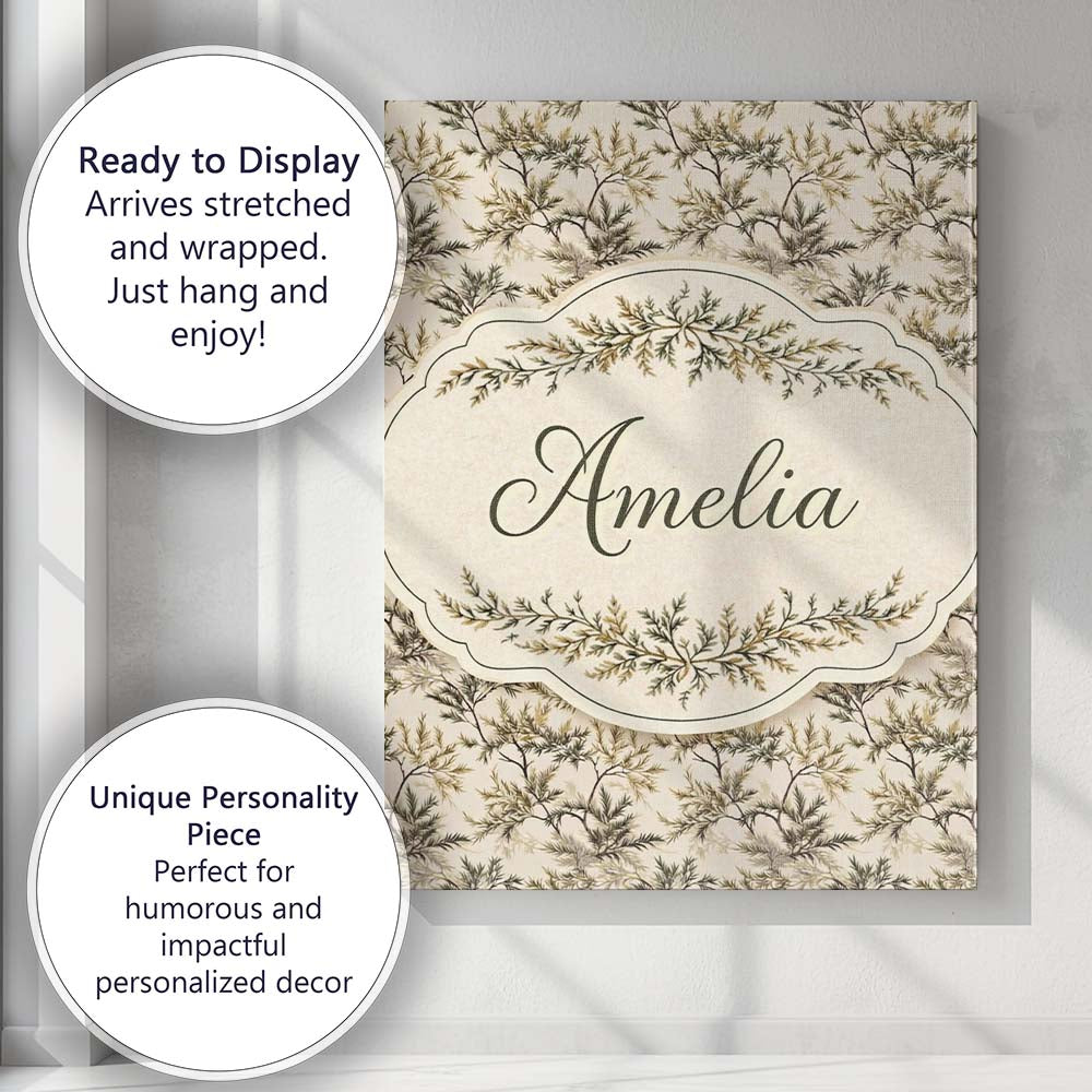 Personalised Name Pine Branch Pattern on Custom  Unique Gift Idea Elegant Feature Canvas Wall Art Print Decor Picture Ready to Hang