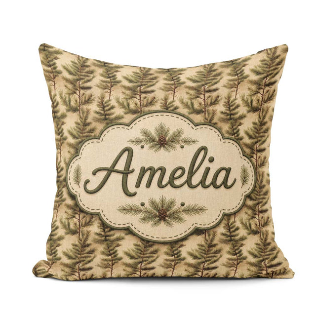 Custom Name Woodland Pine Tree Landscape with Forest Silhouettes Square Filled Cushion Throw Pillow Sofa Bed Home Decor Zip Washable UK Made