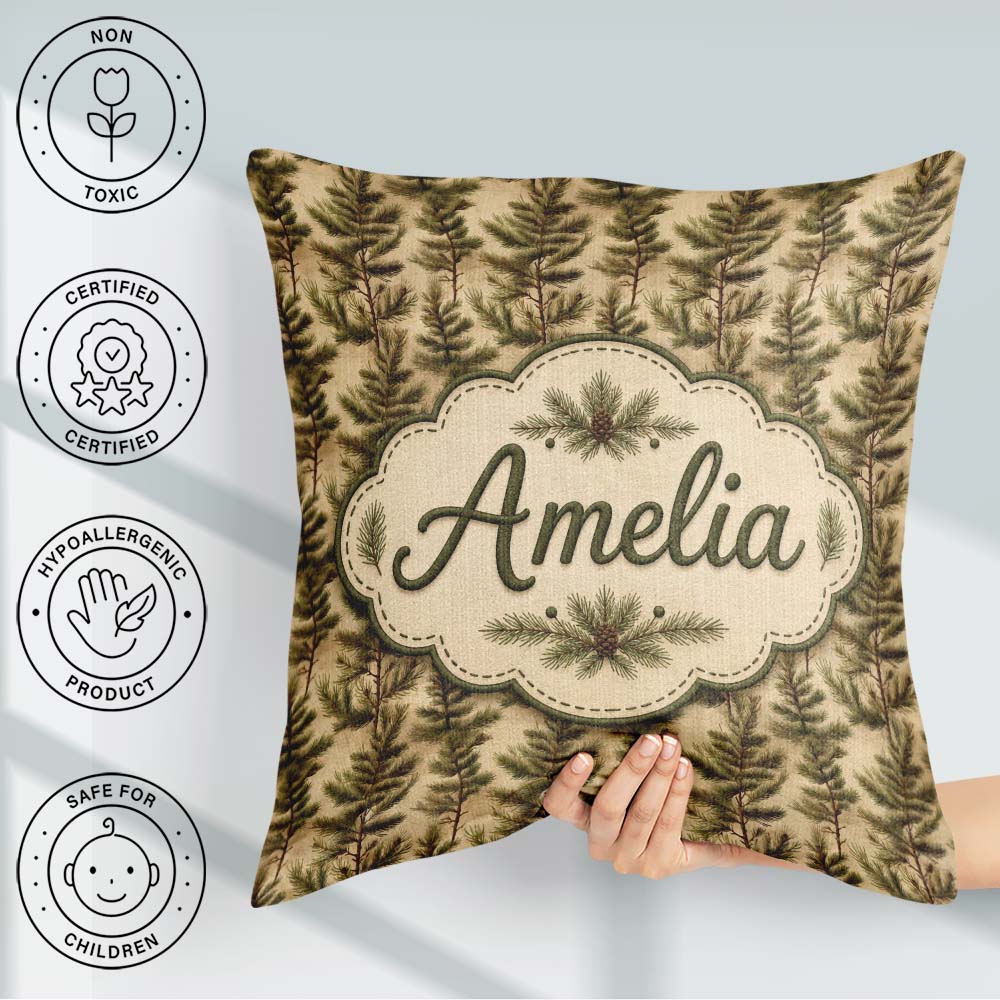 Custom Name Woodland Pine Tree Landscape with Forest Silhouettes Square Filled Cushion Throw Pillow Sofa Bed Home Decor Zip Washable UK Made