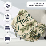Pine Branch with White Blossom Pattern on Light Background Lovely  Personalised Custom Name Super Soft Fleece Blanket Bed Sofa Throw