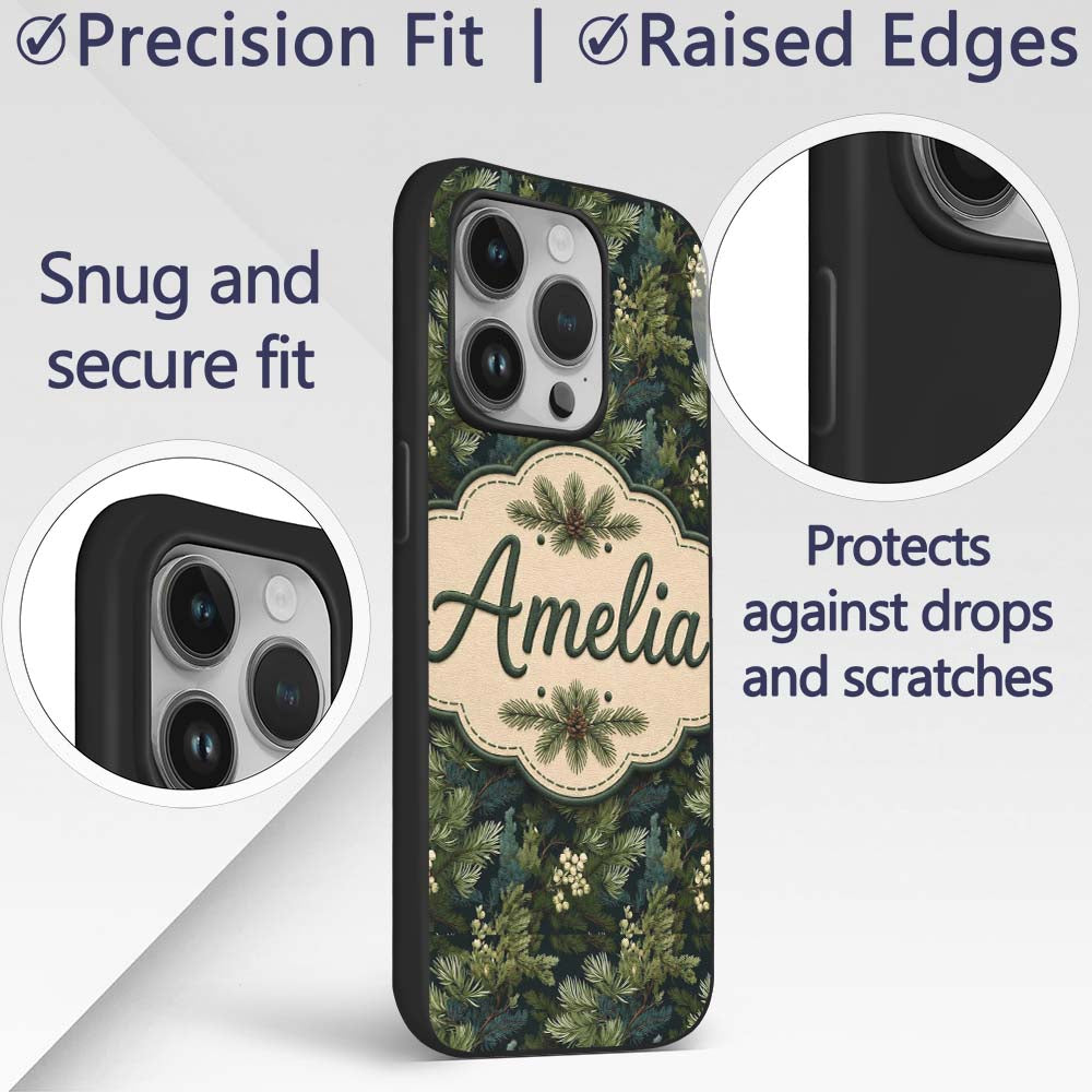 Small Pine Tree Repeat Pattern on Printed Design Custom Name Protective Phone Case Mobile Cover Durable Everyday Smartphone Shock Resistant