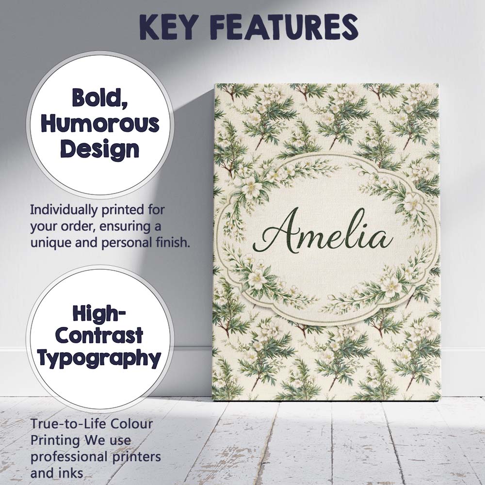 Personalised Name Pine Branch Pattern with Custom  Unique Gift Idea Elegant Feature Canvas Wall Art Print Decor Picture Ready to Hang