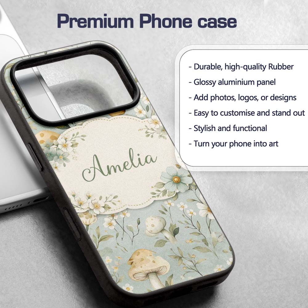 Mushroom Botanical Seamless Decorative Design Custom Name Protective Phone Case Mobile Cover Durable Everyday Smartphone Shock Resistant