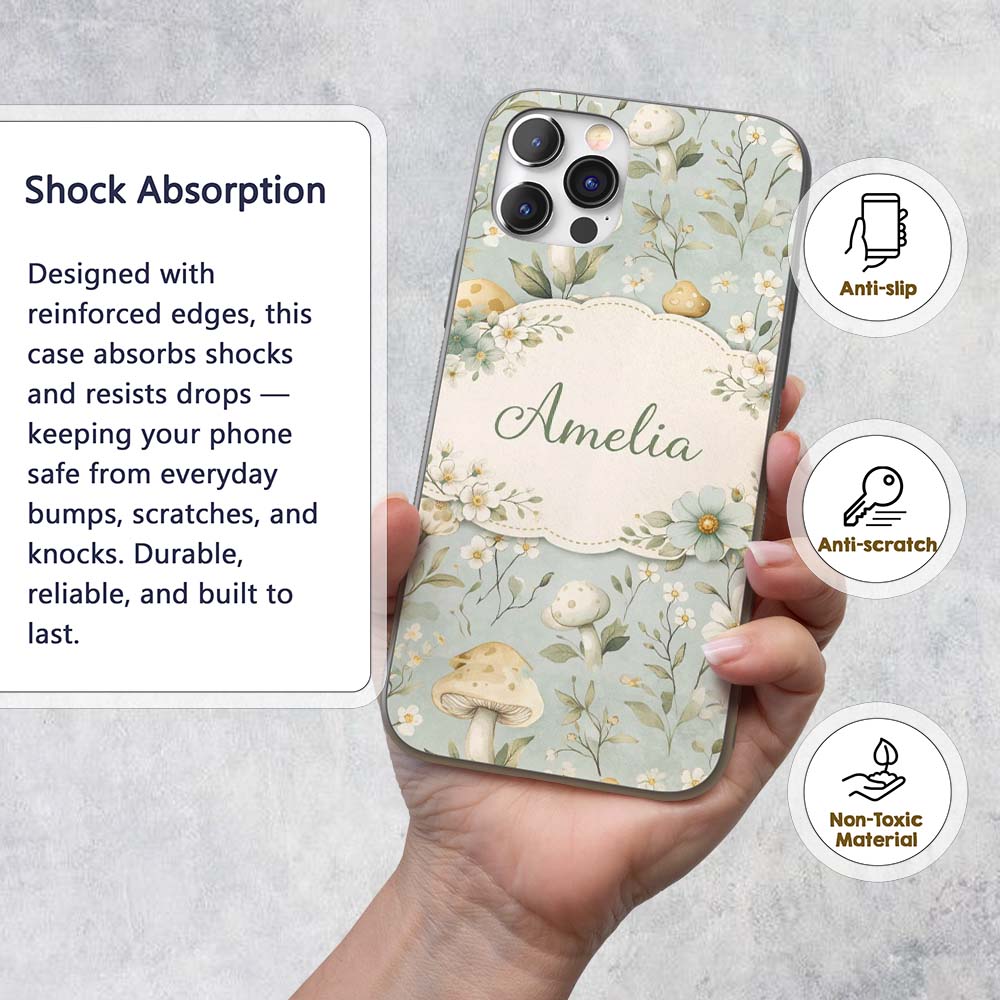 Mushroom Botanical Seamless Decorative Design Custom Name Protective Phone Case Mobile Cover Durable Everyday Smartphone Shock Resistant