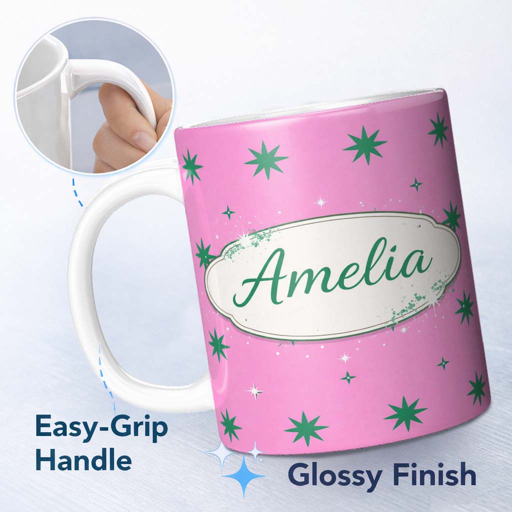 Personalized Custom Name Green Star Shapes on Pink Background Seamless Pattern Lovely 11oz Ceramic Coffee Tea Mug White Large Handle
