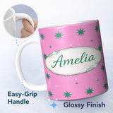 Personalized Custom Name Green Star Shapes on Pink Background Seamless Pattern Lovely 11oz Ceramic Coffee Tea Mug White Large Handle