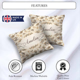 Custom Name Beige Floral Pattern with Delicate Leaves and Lovely Square Filled Cushion Throw Pillow Sofa Bed Home Decor Zip Washable UK Made