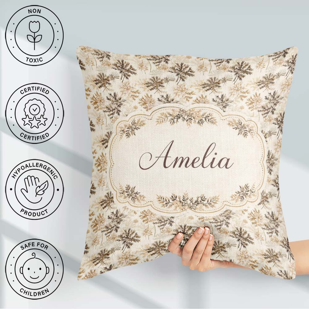 Custom Name Beige Floral Pattern with Delicate Leaves and Lovely Square Filled Cushion Throw Pillow Sofa Bed Home Decor Zip Washable UK Made