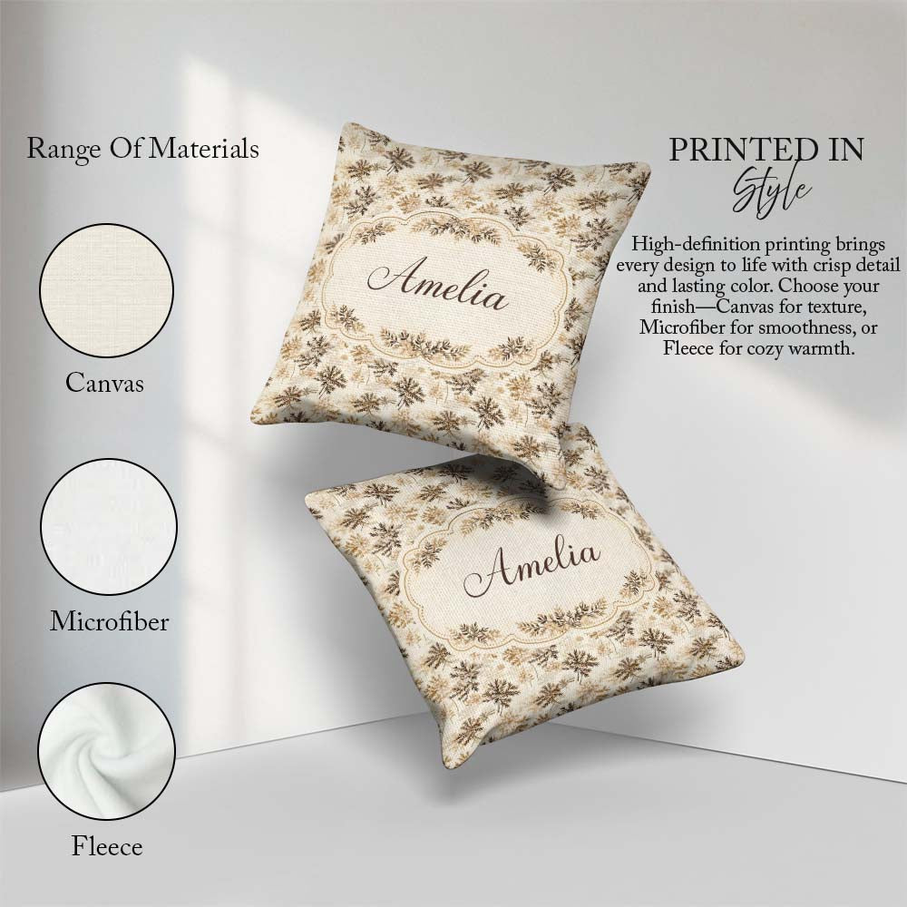 Custom Name Beige Floral Pattern with Delicate Leaves and Lovely Square Filled Cushion Throw Pillow Sofa Bed Home Decor Zip Washable UK Made