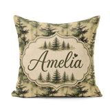 Custom Name Watercolour Forest Pine Tree Layered Green Tones and Square Filled Cushion Throw Pillow Sofa Bed Home Decor Zip Washable UK Made