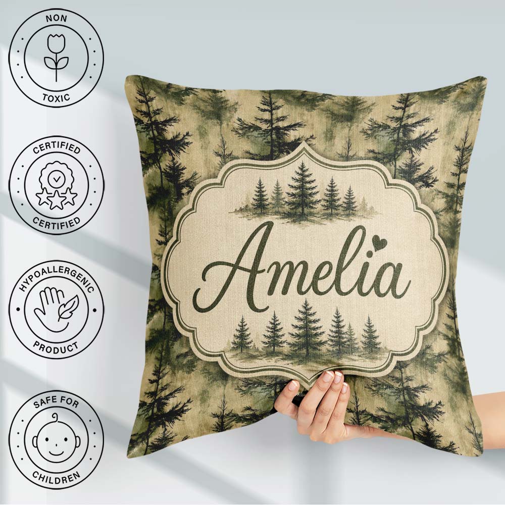 Custom Name Watercolour Forest Pine Tree Layered Green Tones and Square Filled Cushion Throw Pillow Sofa Bed Home Decor Zip Washable UK Made