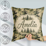 Custom Name Watercolour Forest Pine Tree Layered Green Tones and Square Filled Cushion Throw Pillow Sofa Bed Home Decor Zip Washable UK Made