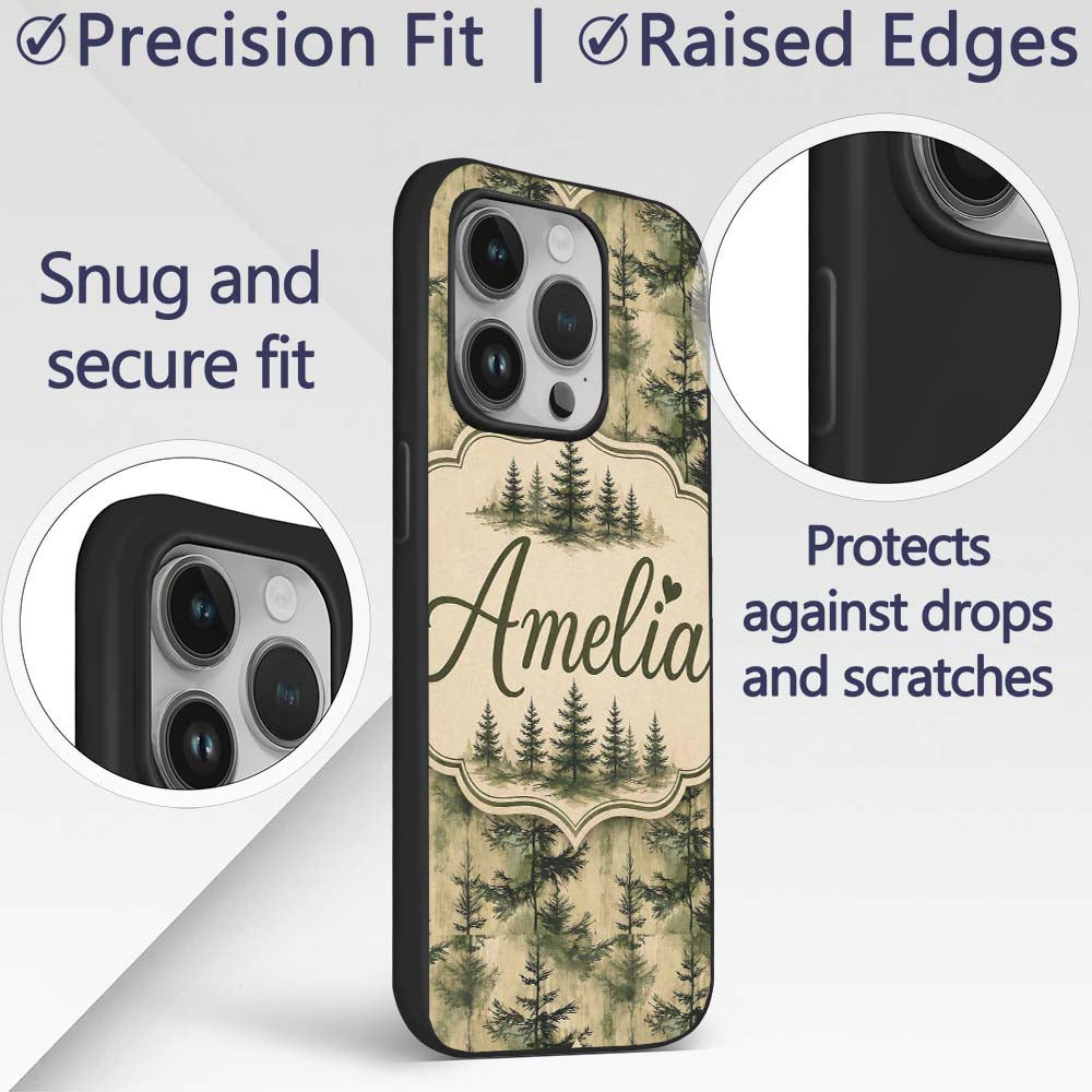 Watercolour Forest Pine Tree with Layered Green Custom Name Protective Phone Case Mobile Cover Durable Everyday Smartphone Shock Resistant