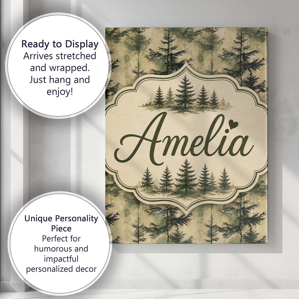 Personalised Name Watercolour Forest Pine Custom  Unique Gift Idea Elegant Feature Canvas Wall Art Print Decor Picture Ready to Hang