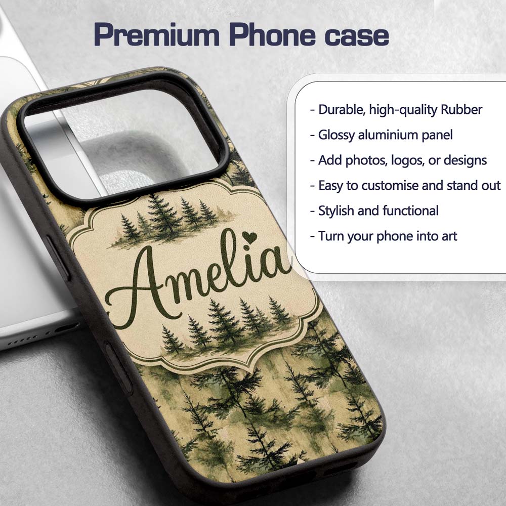 Watercolour Forest Pine Tree with Layered Green Custom Name Protective Phone Case Mobile Cover Durable Everyday Smartphone Shock Resistant