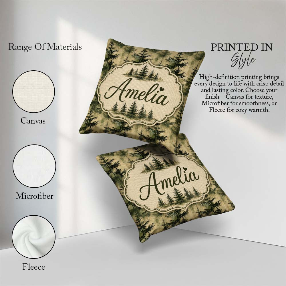 Custom Name Watercolour Forest Pine Tree Layered Green Tones and Square Filled Cushion Throw Pillow Sofa Bed Home Decor Zip Washable UK Made