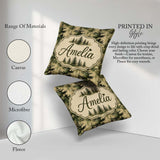 Custom Name Watercolour Forest Pine Tree Layered Green Tones and Square Filled Cushion Throw Pillow Sofa Bed Home Decor Zip Washable UK Made