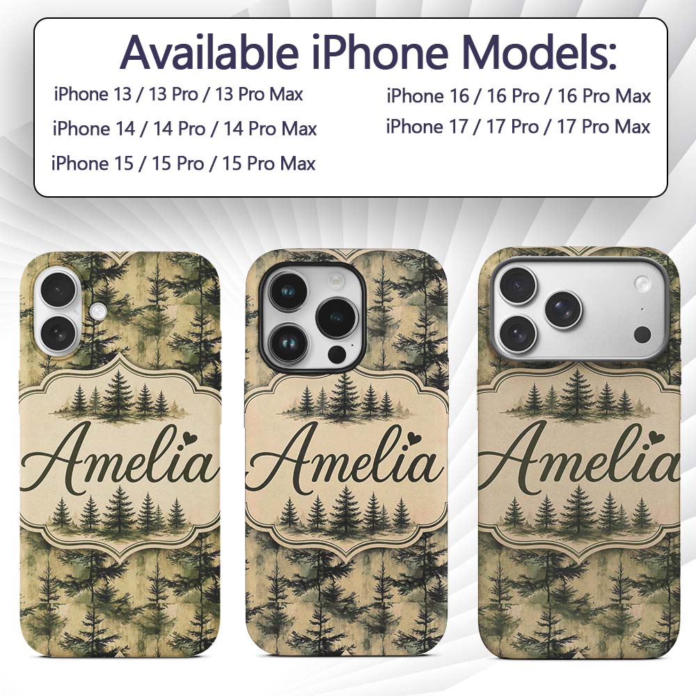 Watercolour Forest Pine Tree with Layered Green Custom Name Protective Phone Case Mobile Cover Durable Everyday Smartphone Shock Resistant