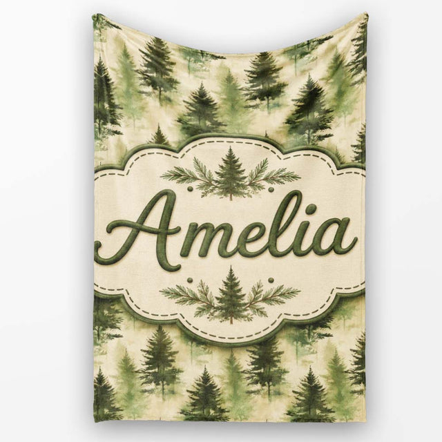 Soft Watercolour Evergreen Tree with Misty Forest Effect on Light  Personalised Custom Name Super Soft Fleece Blanket Bed Sofa Throw