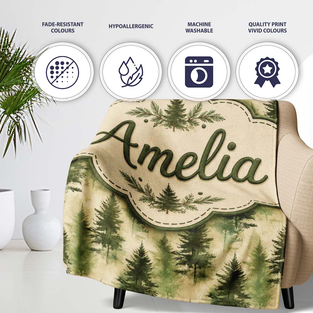 Soft Watercolour Evergreen Tree with Misty Forest Effect on Light  Personalised Custom Name Super Soft Fleece Blanket Bed Sofa Throw