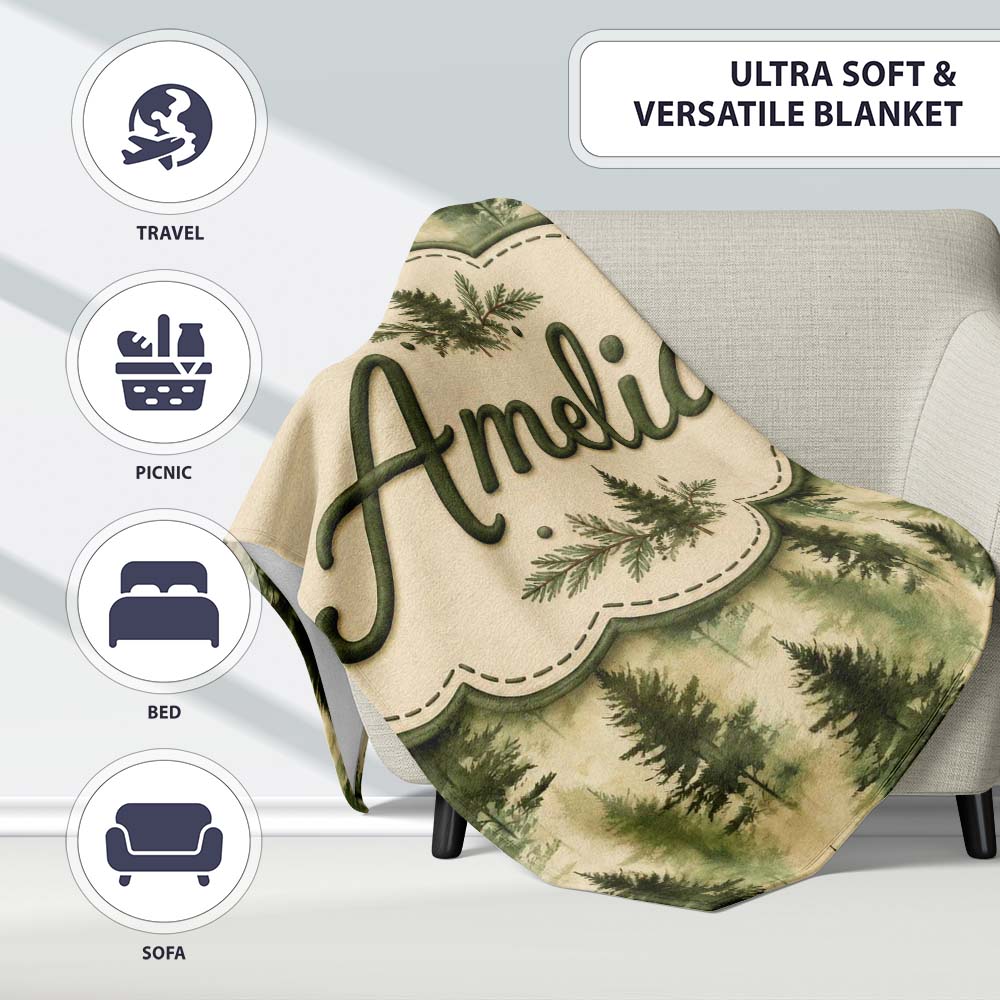 Soft Watercolour Evergreen Tree with Misty Forest Effect on Light  Personalised Custom Name Super Soft Fleece Blanket Bed Sofa Throw