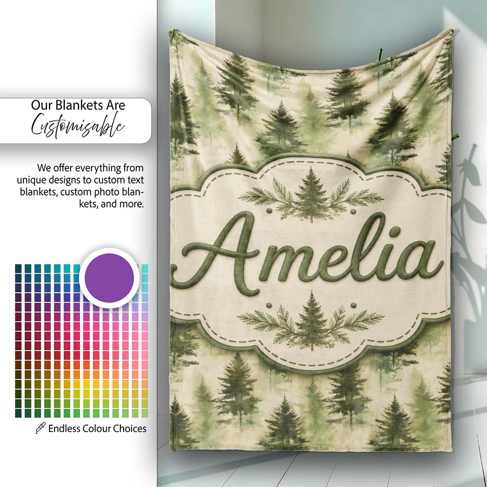 Soft Watercolour Evergreen Tree with Misty Forest Effect on Light  Personalised Custom Name Super Soft Fleece Blanket Bed Sofa Throw