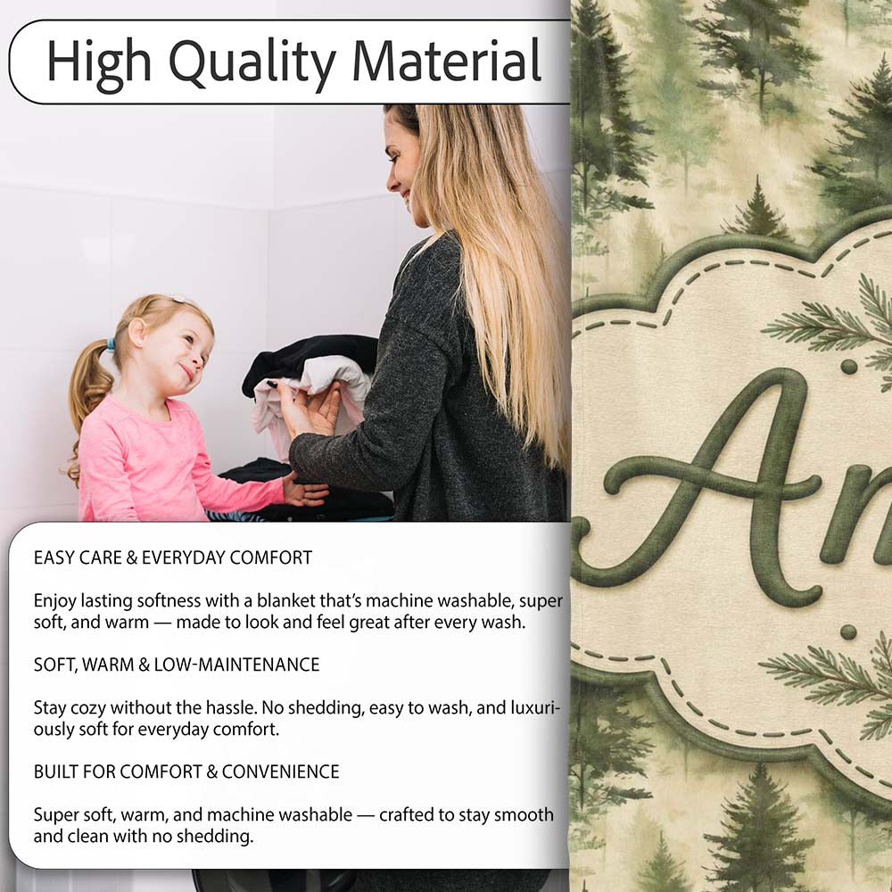 Soft Watercolour Evergreen Tree with Misty Forest Effect on Light  Personalised Custom Name Super Soft Fleece Blanket Bed Sofa Throw