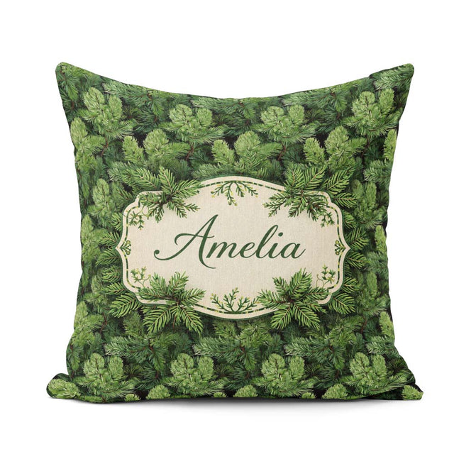Custom Name Lush Pine Needle with Detailed Evergreen Branches on Square Filled Cushion Throw Pillow Sofa Bed Home Decor Zip Washable UK Made