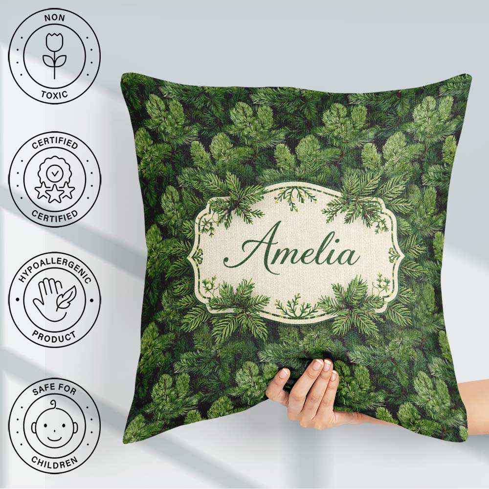 Custom Name Lush Pine Needle with Detailed Evergreen Branches on Square Filled Cushion Throw Pillow Sofa Bed Home Decor Zip Washable UK Made