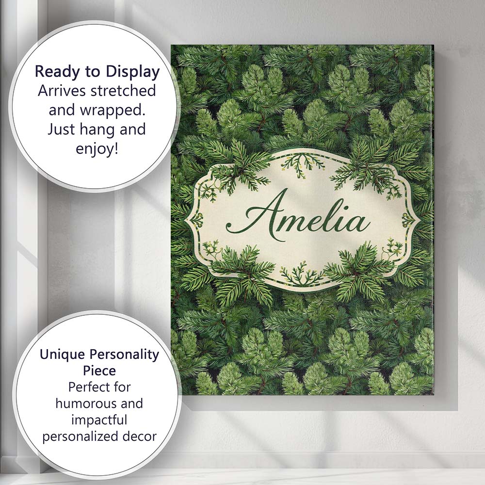 Personalised Name Lush Green Pine Needle Custom  Unique Gift Idea Elegant Feature Canvas Wall Art Print Decor Picture Ready to Hang