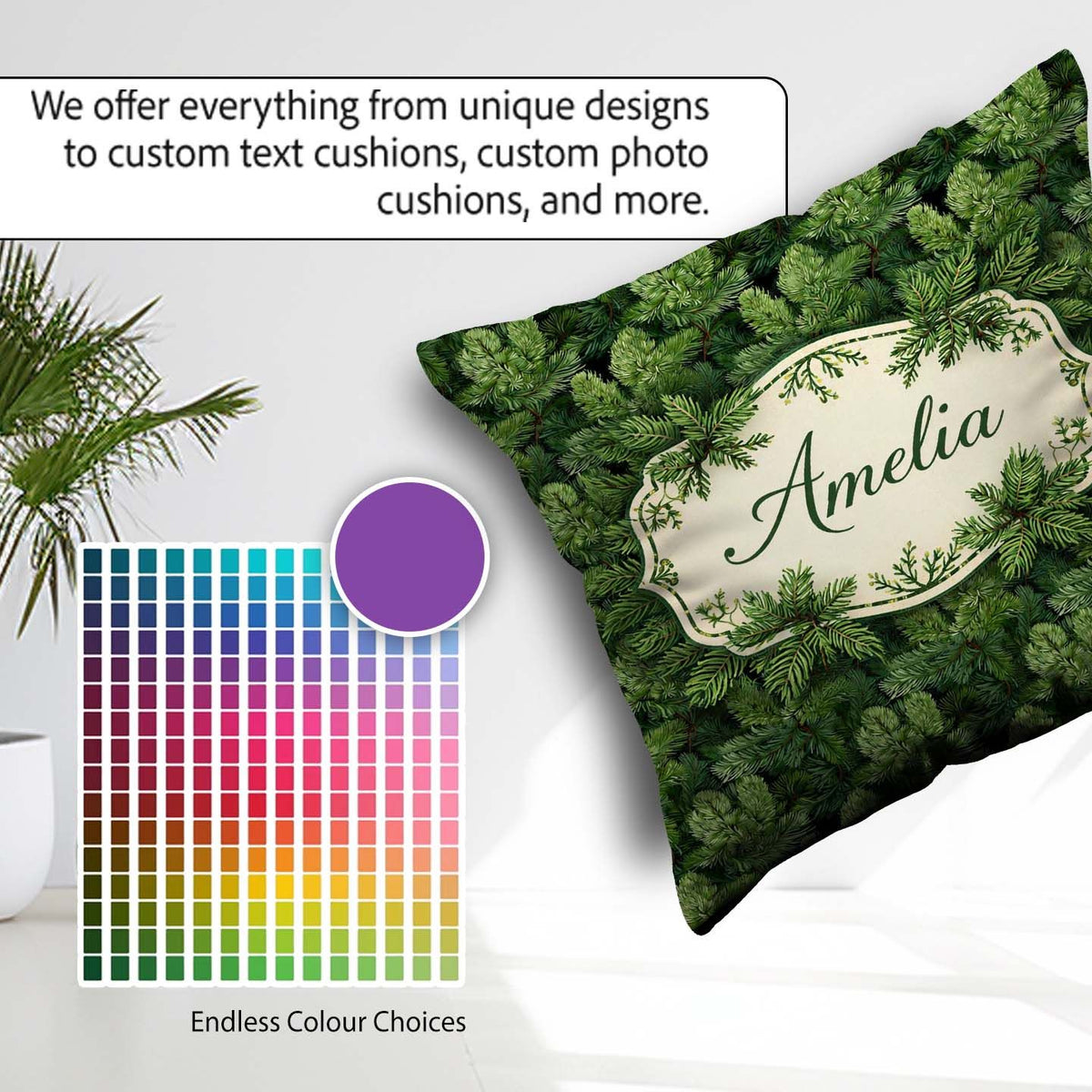 Custom Name Lush Pine Needle with Detailed Evergreen Branches on Square Filled Cushion Throw Pillow Sofa Bed Home Decor Zip Washable UK Made