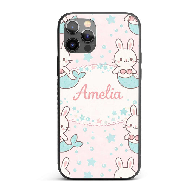 Cute Bunny Mermaid Cartoon Animal Printed Design Custom Name Protective Phone Case Mobile Cover Durable Everyday Smartphone Shock Resistant
