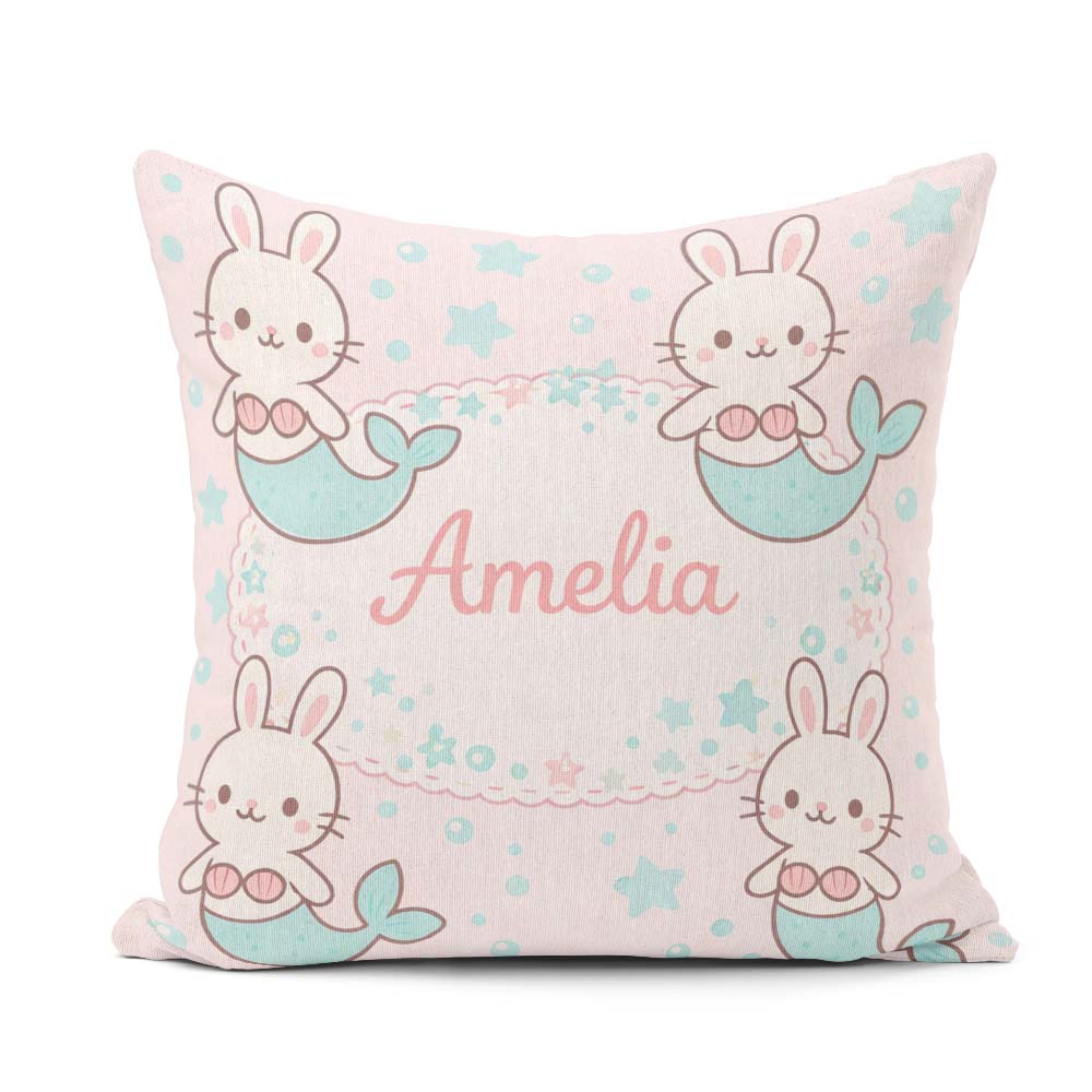 Custom Name Cute Bunny Mermaid Cartoon Animal Pattern Everyday Square Filled Cushion Throw Pillow Sofa Bed Home Decor Zip Washable UK Made