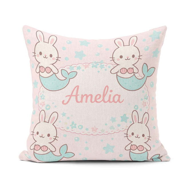 Custom Name Cute Bunny Mermaid Cartoon Animal Pattern Everyday Square Filled Cushion Throw Pillow Sofa Bed Home Decor Zip Washable UK Made