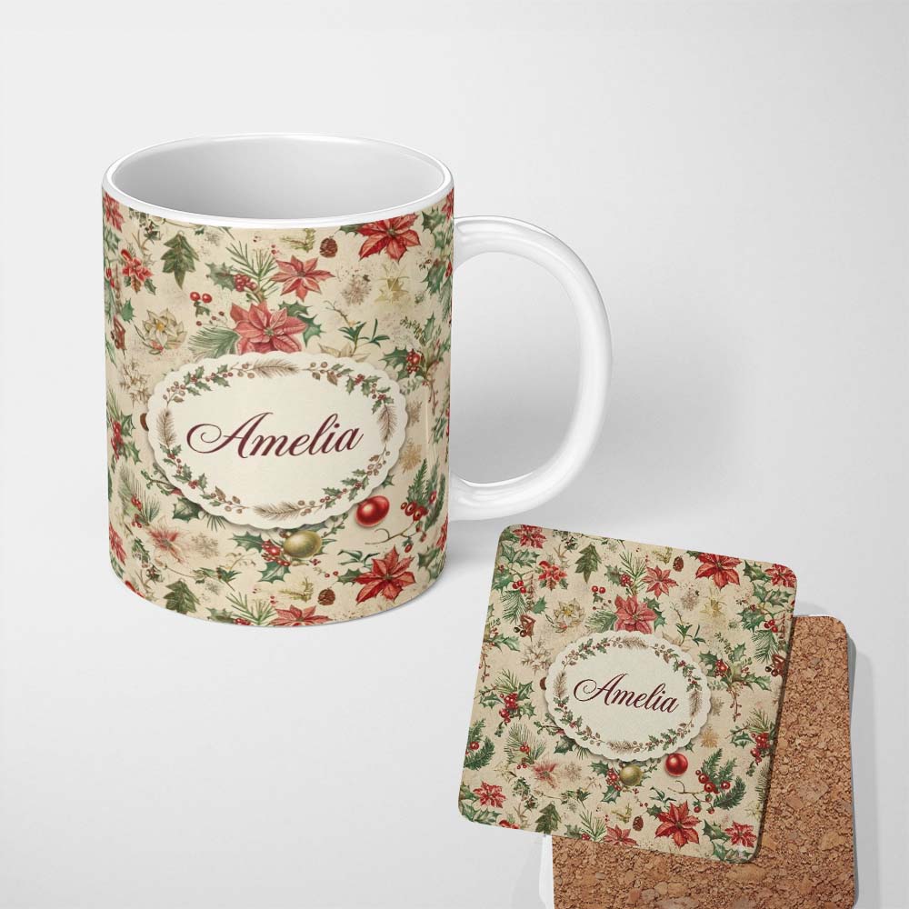 Personalized Custom Name Vintage Christmas Ornaments with Leaves and Berries Seamless Pattern 11oz Ceramic Coffee Tea Mug White Large Handle