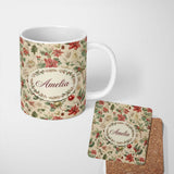Personalized Custom Name Vintage Christmas Ornaments with Leaves and Berries Seamless Pattern 11oz Ceramic Coffee Tea Mug White Large Handle