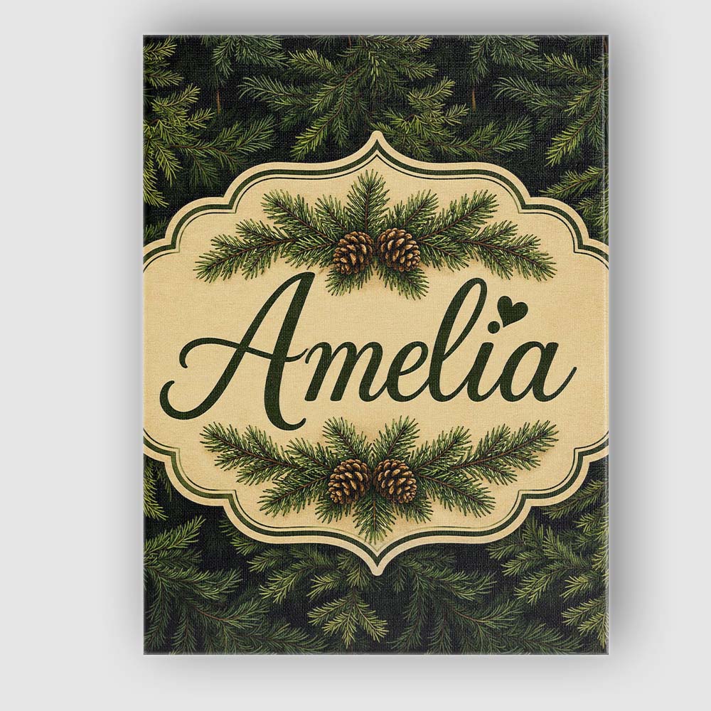 Personalised Name Dark Evergreen Fir Branch Custom  Bespoke Interior Contemporary Canvas Wall Art Print Decor Picture Ready to Hang